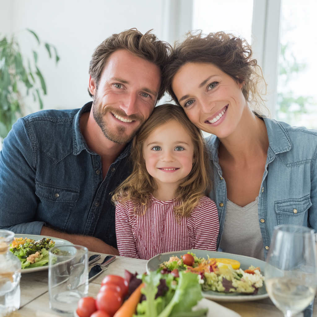 Smiling European woman in her 30s holding a colorful healthy meal, looking confident and energetic in a modern kitchen setting
