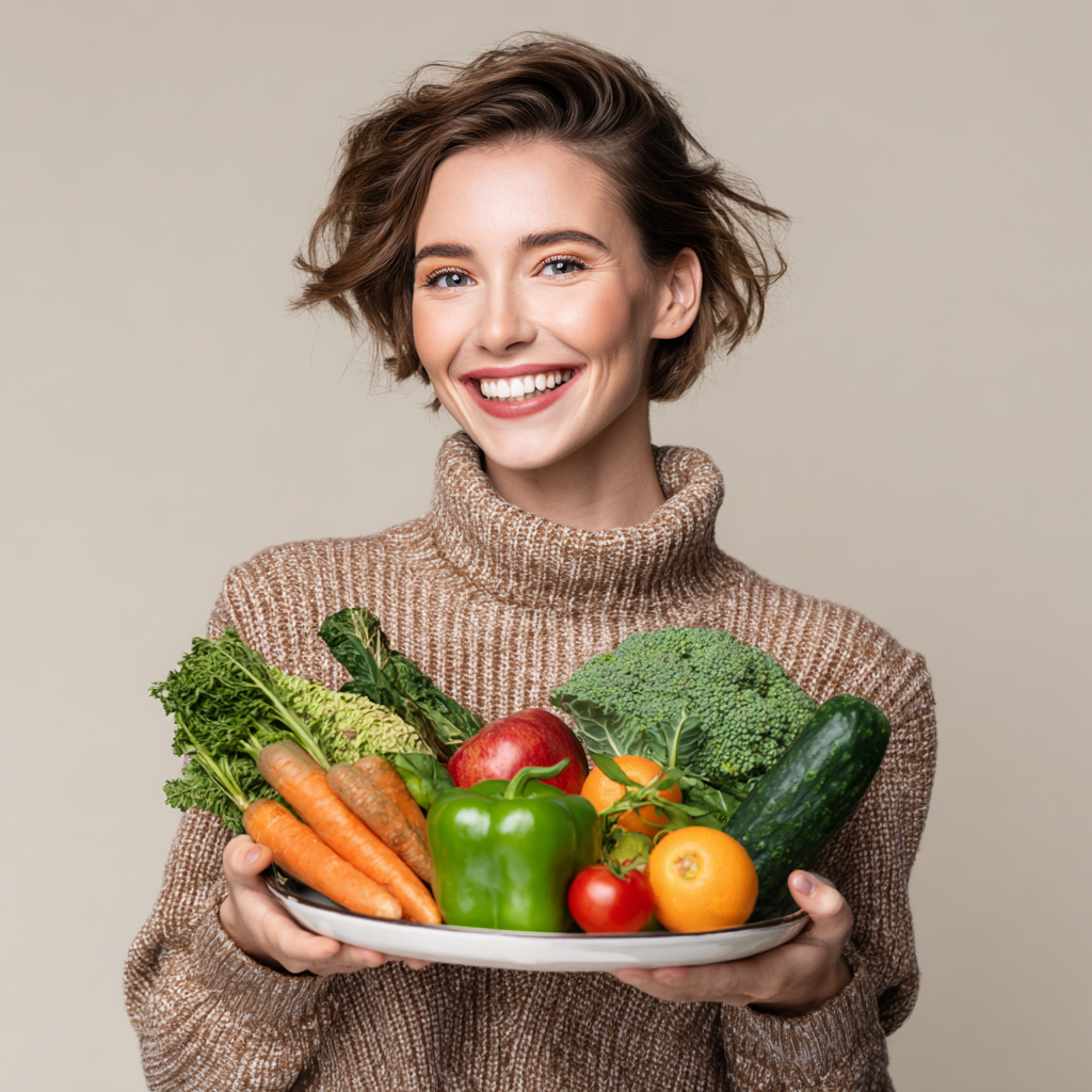 Confident European nutritionist in her 30s smiling warmly in a professional consultation room, representing expertise and trust