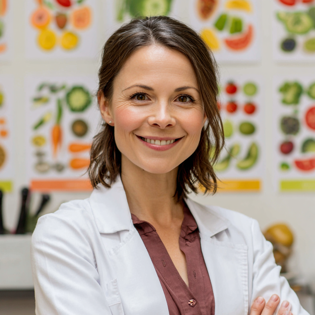 Healthy European family of three smiling together in a bright dining room with balanced, colorful meals on their plates